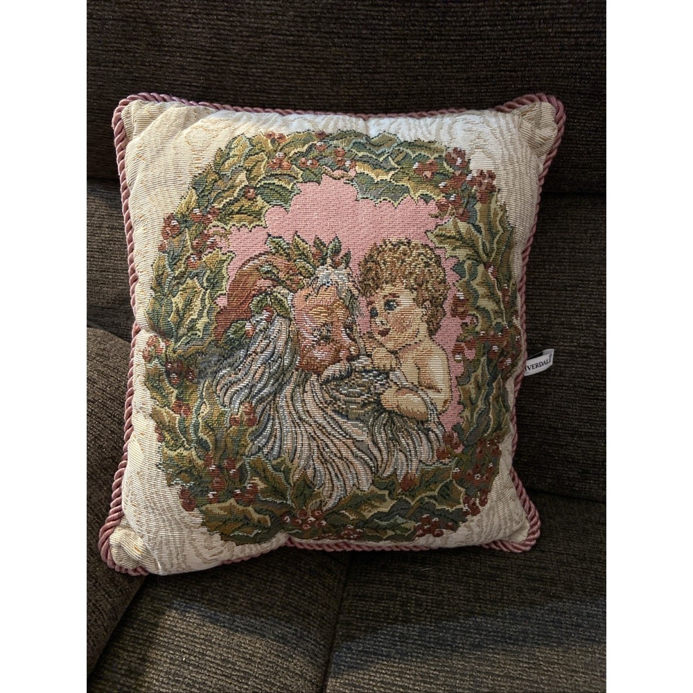 Riverdale Tapestry Throw Pillow Vtg USA Old fashioned Santa with Baby Kid Wreath